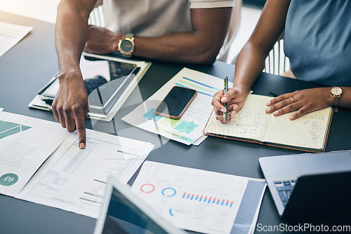 Image of Above, meeting and business people planning a marketing strategy, report and employees review data in office. Teamwork, project and group in analysis of financial opportunity in Mexico workspace