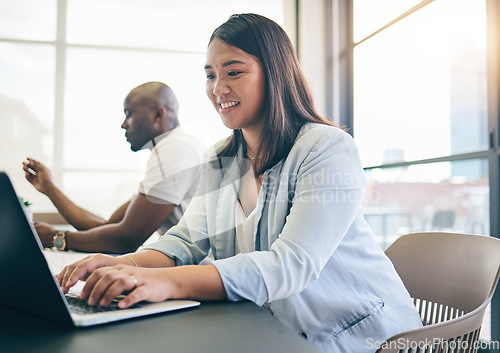 Image of Business woman, laptop and planning in meeting, website information and agenda, FAQ or marketing research. Professional worker or employees typing on computer for email update or project in workspace