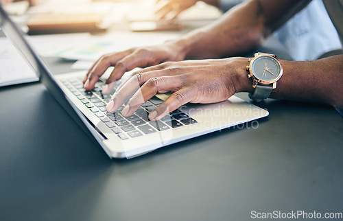 Image of Business person, hands and laptop for planning, website design and marketing research in office or workspace. Worker, graphic designer or person typing on computer keyboard for social media search