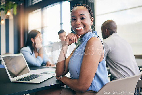Image of Portrait, business and black woman in a meeting, planning and brainstorming with ideas, laptop and feedback. Face, African person or corporate professional with teamwork, innovation and conversation