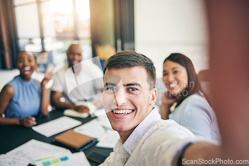 Image of Selfie, portrait or happy businessman in meeting taking photo to post on social media together. Smile, team building or excited employees with teamwork in a fun profile picture as office friends