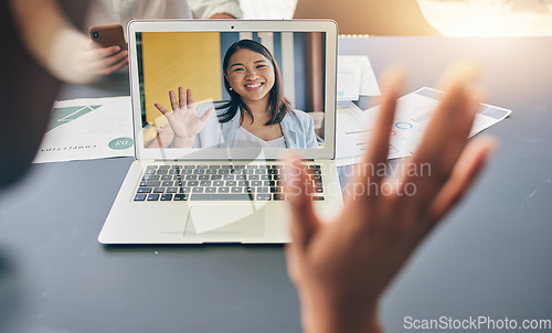 Image of Laptop screen, video call or happy business people wave hello in office communication, virtual meeting or welcome. Project teamwork, online webinar or professional person networking in web conference