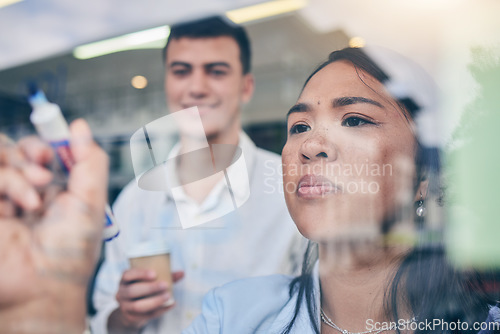 Image of Window, glass with collaboration and brainstorming, woman is writing, project management and strategy. Ideas, leadership and business people with storyboard, workshop and goals with productivity