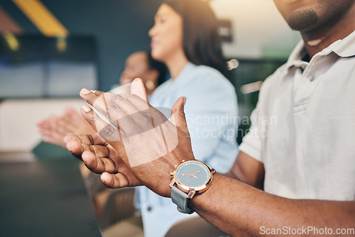 Image of Hands, applause and presentation, audience and team with meeting, seminar and business people in workplace. Conference, corporate group are clapping and closeup, support and success with community