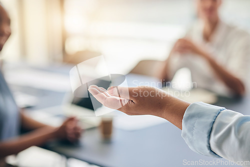 Image of Speaker, hand or presentation in workshop, mentorship or conference for audience in corporate training. Presenter, manager blur or closeup of speech to a business crowd in seminar for team leadership