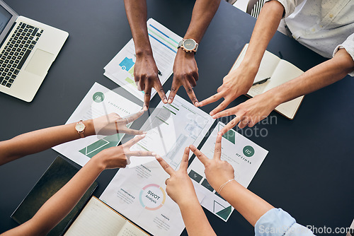 Image of Star fingers, team and documents in office, group and peace sign with planning, startup and top view at desk. Business people, hands and synergy with link, icon and paperwork for growth in workplace