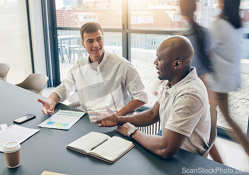 Image of Business meeting, men and discussion, paperwork and planning with notebook, collaboration in conference room. Team, talking and notes with market research, ideas with strategy and working together