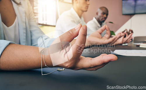 Image of Yoga, office or hands of business people in meditation for mental health or breathing exercise together. Startup team, wellness closeup or calm employees relax for stress management or zen peace