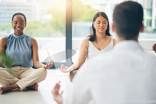 Image of Office meditation, calm and business people together for wellness and training the mind. Diversity, peace and corporate employees with a spiritual group exercise for company mindfulness and zen