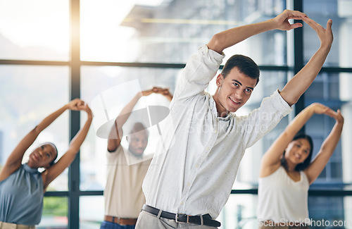 Image of Team building, stretching and a team of business people in the office to workout for health or mobility together. Exercise, fitness and training with an employee group in the workplace for a warm up