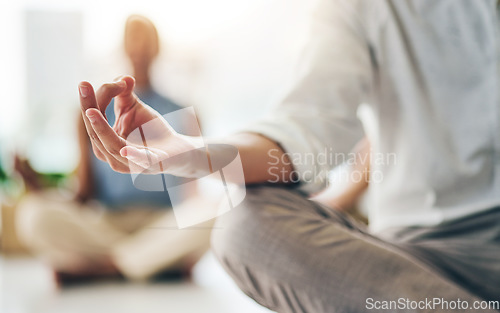 Image of Yoga, relax or hands of business people in office for mental health, wellness or breathing exercise together. Startup team, mindset closeup or calm employees in lotus pose meditation for zen peace