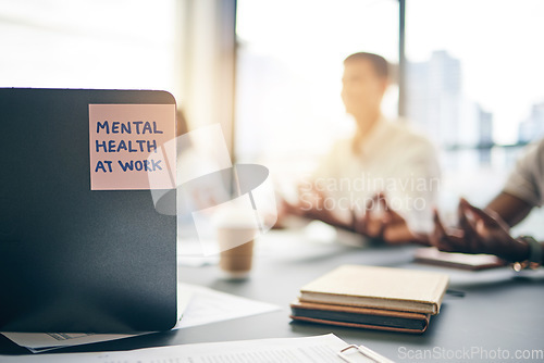 Image of Note, work and business people with meditation for mental health awareness in the workplace. Yoga, peace and a message for a wellness, spiritual health or calm reminder at a company to meditate