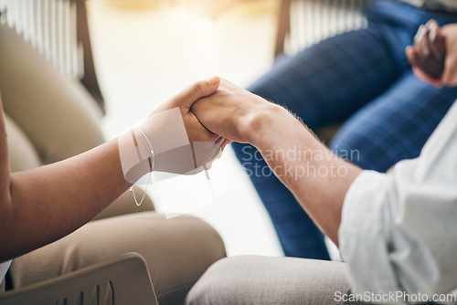 Image of Holding hands, praying circle and support with business people, team building and faith for mental health. Group, closeup and together for religion, worship and praise with peace, mindfulness or care