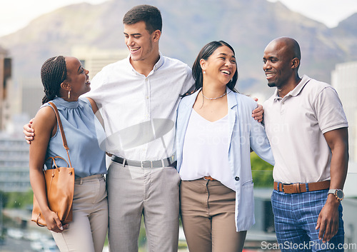 Image of Group of business people, hug on rooftop together for team building in city with happy support and trust. Smile, men and women embrace outside for motivation and bonding for human resources employees