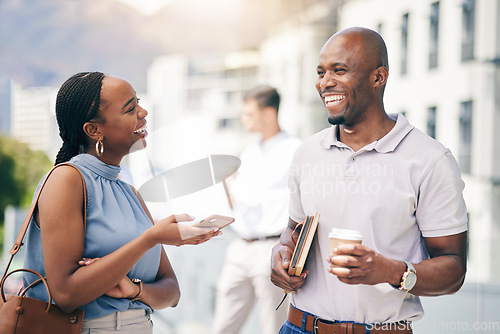 Image of African, business people and happy friends on coffee break city, town or commute to urban office in the morning with employees. Social, networking and woman outdoor in conversation with entrepreneur