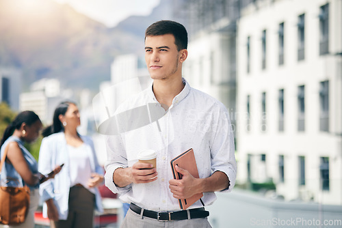 Image of City, walking and businessman with tablet on coffee break from workplace, building or commute in urban Brazil town. Journalist, writer or professional man outdoor for a walk in street, park or road