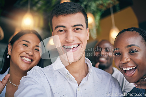 Image of Employees, selfie and business people with diversity, happiness and profile picture for about us, post or social media. Happy, portrait or group in Colombia office with smile for working together