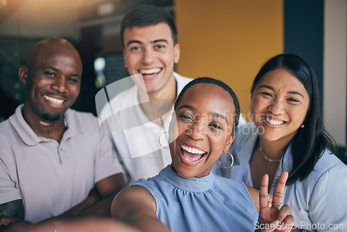 Image of Work selfie, portrait and business people with a peace sign for office teamwork and company friends. Smile, corporate and diversity with employees taking a photo together for happiness and bonding