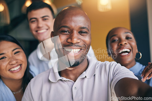 Image of Employees, selfie and business people with diversity, happiness and profile picture for about us, post or social media. Happy, portrait or group in workplace or office with smile for working together