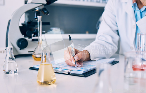 Image of Science, hands of woman in laboratory and writing on checklist with results, inventory list and pharmaceutical study data. Chemical research, drugs and scientist in lab with clipboard, notes and info