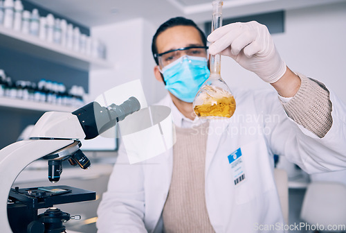 Image of Chemical inspection, beaker and science man check experiment progress, lab investigation or vaccine development. Chemistry, innovation and male scientist analysis of liquid, drugs solution or biotech