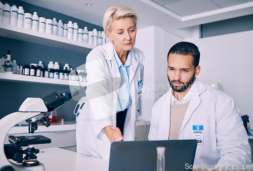 Image of Scientist, mentor and training on computer for research, data analysis and laboratory report in pharmaceutical solution. Science or medical woman and man with teamwork and medicine support on laptop