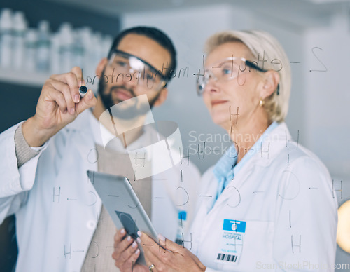 Image of Tablet, science and a team planning while writing writing on glass in the laboratory for research or innovation. Healthcare, medical and scientist doctors working together in a lab for future study