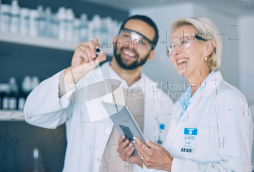 Image of Tablet, science and research team writing on glass in the laboratory for planning on innovation. Healthcare, medical and scientist doctors in a lab to study a formula together for future development