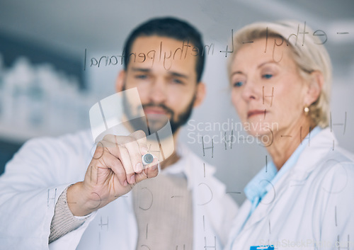 Image of Hand, science and research team writing on glass in the laboratory for planning or study. Healthcare, medical and scientist doctors in a lab together for formula development of future innovation