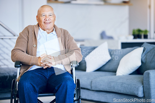 Image of Senior man, portrait and wheelchair in retirement house with a smile from elderly care. Confidence, relax and living room with male person with a disability from Mexico happy in a old age home