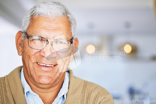 Image of Mockup, smile and portrait of senior man happy for healthy retirement in a home living room to relax. Confident, face and proud elderly person calm in a house for vacation or holiday in Brazil