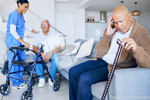 Image of Senior, doctor and a man with a headache in a nursing home, depression or pain consultation. Talking, help and a nurse with elderly people for support with a migraine, retirement stress or sick