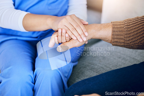 Image of Closeup, nurse and patient holding hands, support and consultation with healthcare, empathy and compassion. Zoom, caregiver or pensioner with sympathy, help and advice with results or rehabilitation