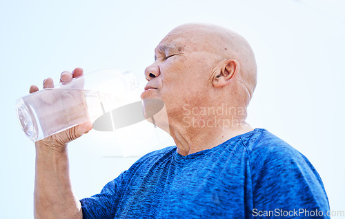Image of Senior man, drinking water and fitness outdoor, healthy body and h2o liquid for wellness nutrition. Elderly man, bottle and hydration after exercise, cardio workout or training in running sports.
