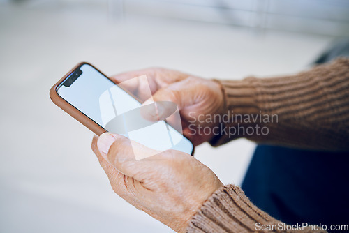 Image of Phone screen, mockup and hands for internet advertising at home with social media, website or text. Closeup of a person with a smartphone and blank space for network, online marketing and ui or ux