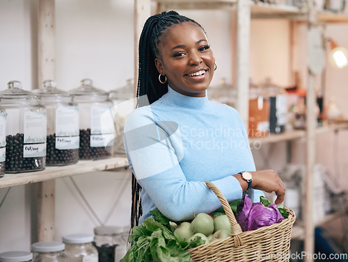 Image of Black woman, portrait and shopping basket with vegetables, healthy food and diet produce in local grocery store. Smile, face and African customer or nutritionist in retail supermarket for fruit sales