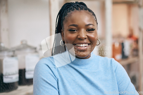 Image of Black woman, portrait and shopping in local grocery store for healthy food, nutrition and wellness product sales. Smile, face and African customer in supermarket for retail purchase, buying and deal