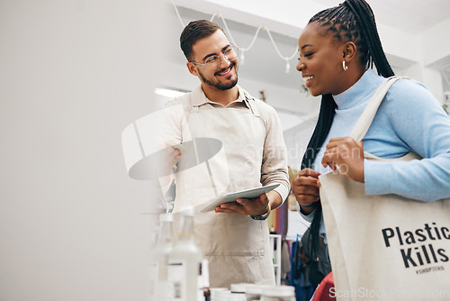 Image of Man, black woman and eco friendly grocery store shopping bag with commitment to climate change at sustainable small business. Recycling, plastic kills logo and people at supermarket with sales choice