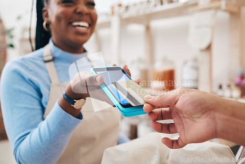 Image of Credit card, store payment and hand with cashier, machine and transaction in a retail shop. Discount, ecommerce and shopping with electronic pay, fintech and customer with purchase and financial tech