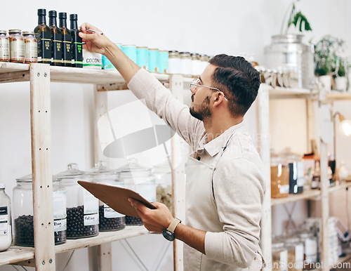 Image of Grocery store, eco friendly and man with clipboard for stock list, healthy food and sales report. Checklist, inventory and manager at small business, sustainable supermarket and groceries on shelf.