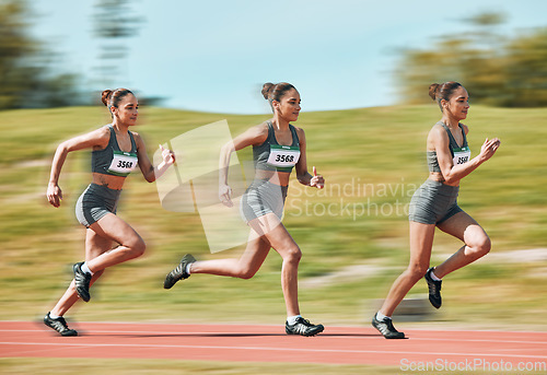 Image of Sports, running and sequence of woman on race track in stadium for exercise, training and workout. Fitness, fast and female athlete with motion blur for speed for challenge, competition and marathon