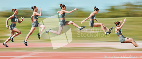 Image of Sports, long jump and sequence of woman on race track in stadium for exercise, training and workout. Fitness, fast and female athlete in action with motion blur for challenge, competition and jumping