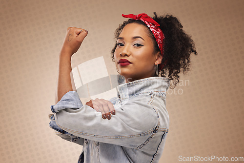 Image of Strong, power and portrait of woman flex arms for empowerment, strength and confident in studio. Feminism, freedom and person on brown background show muscle for challenge, gender equality and pride