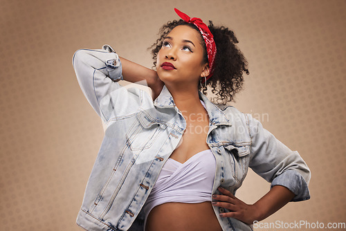 Image of Gen z woman, thinking and fashion in studio with ideas, trendy style and makeup by brown background. African girl, model or student with vision, aesthetic and memory with edgy clothes for decision