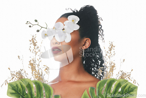 Image of Beauty, cosmetics and face of woman with flowers for wellness, natural skincare and dermatology in studio. Orchid, facial and person with makeup, glamour and facial aesthetic on white background