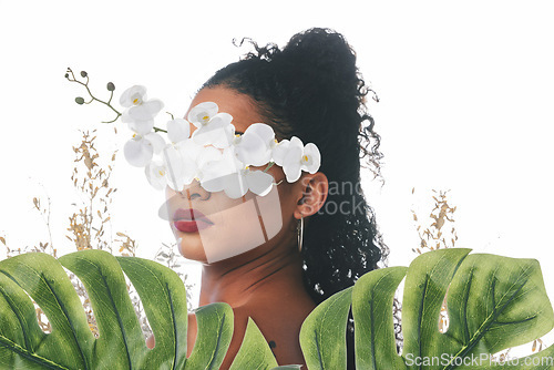Image of Skincare, aesthetic and face of woman with flowers for wellness, natural cosmetics and beauty in studio. Orchid, leaf and female person florals for makeup, glamour and facial on white background