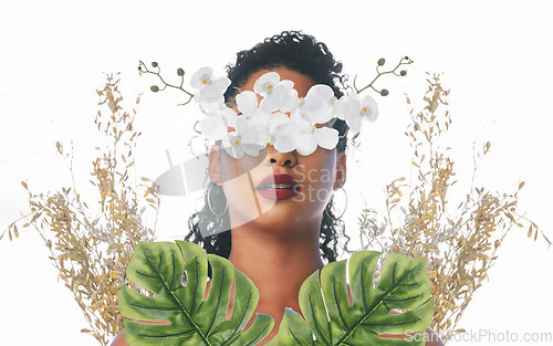 Image of Beauty, skincare and face of woman with flowers for wellness, natural cosmetics and dermatology in studio. Female person with orchid for makeup, glamour and facial on white background for aesthetic