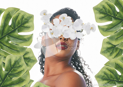 Image of Beauty, makeup and face of woman with flowers for wellness, natural cosmetics and skincare in studio. Orchid, art deco and female person for floral aesthetic, glamour and facial on white background