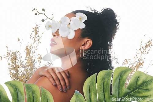 Image of Beauty, salon and woman with flowers for wellness, natural cosmetics and skincare aesthetic in studio. Orchid floral, dermatology and female person for makeup, glamour and facial on white background