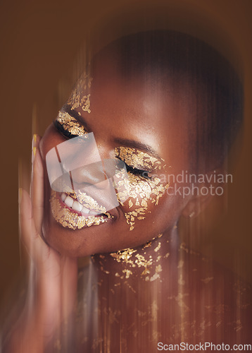 Image of Gold beauty, spa mask and woman with blur in studio with glitter cosmetics and sparkle art. Brown background, African female model and shine from paint and skin glow with golden luxury treatment